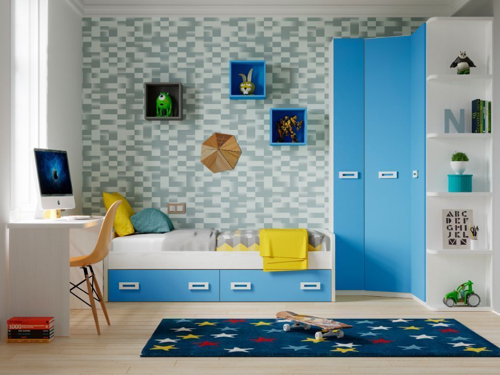 Dormitorio juvenil moderno con armario de rinconera