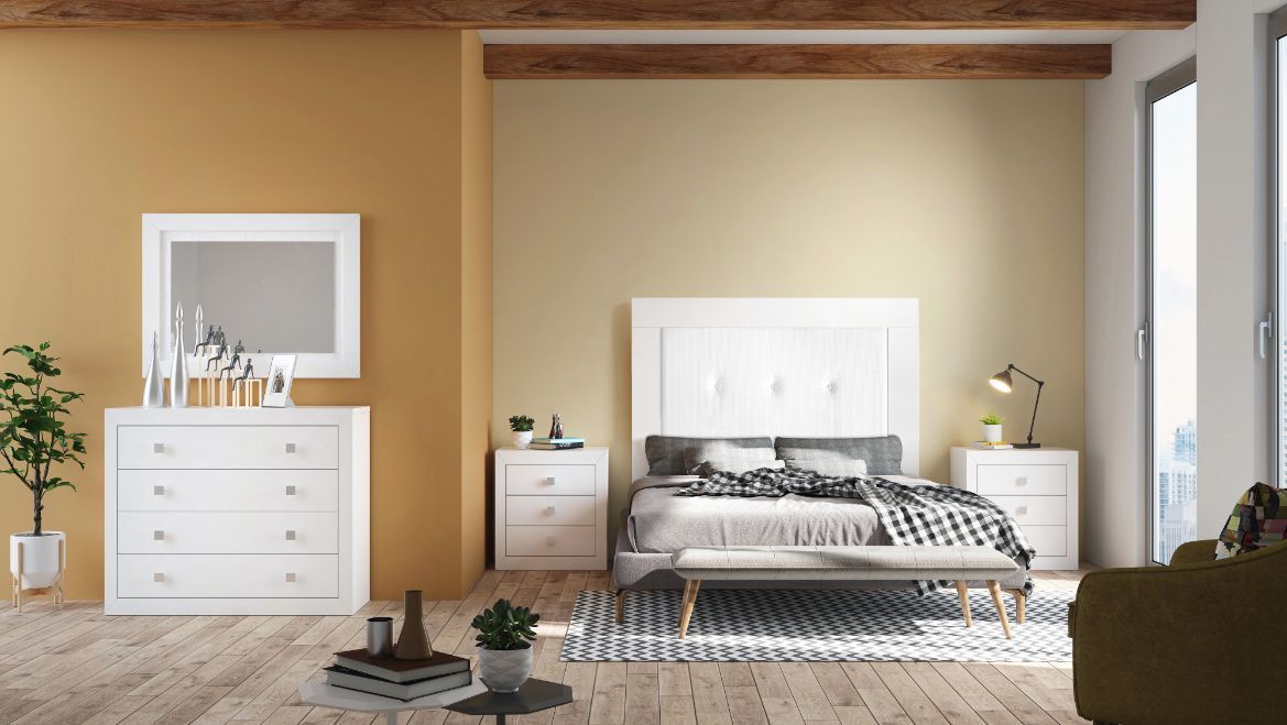 Dormitorio de matrimonio blanco con cabecero tapizado3