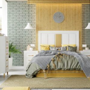 Dormitorio de matrimonio rústico cabecero con listones oro