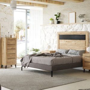 Dormitorio de matrimonio rústico roble con cabecero con detalle