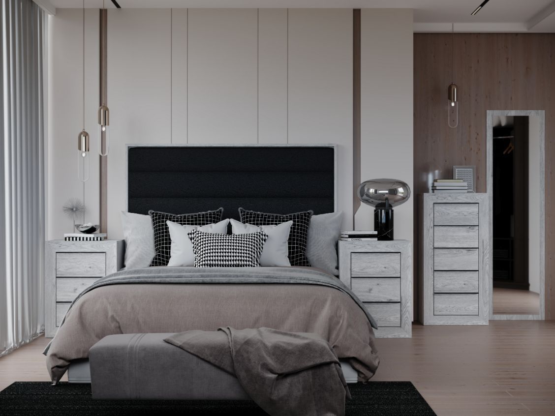 Dormitorio de matrimonio rustico con cabecero tapizado negro