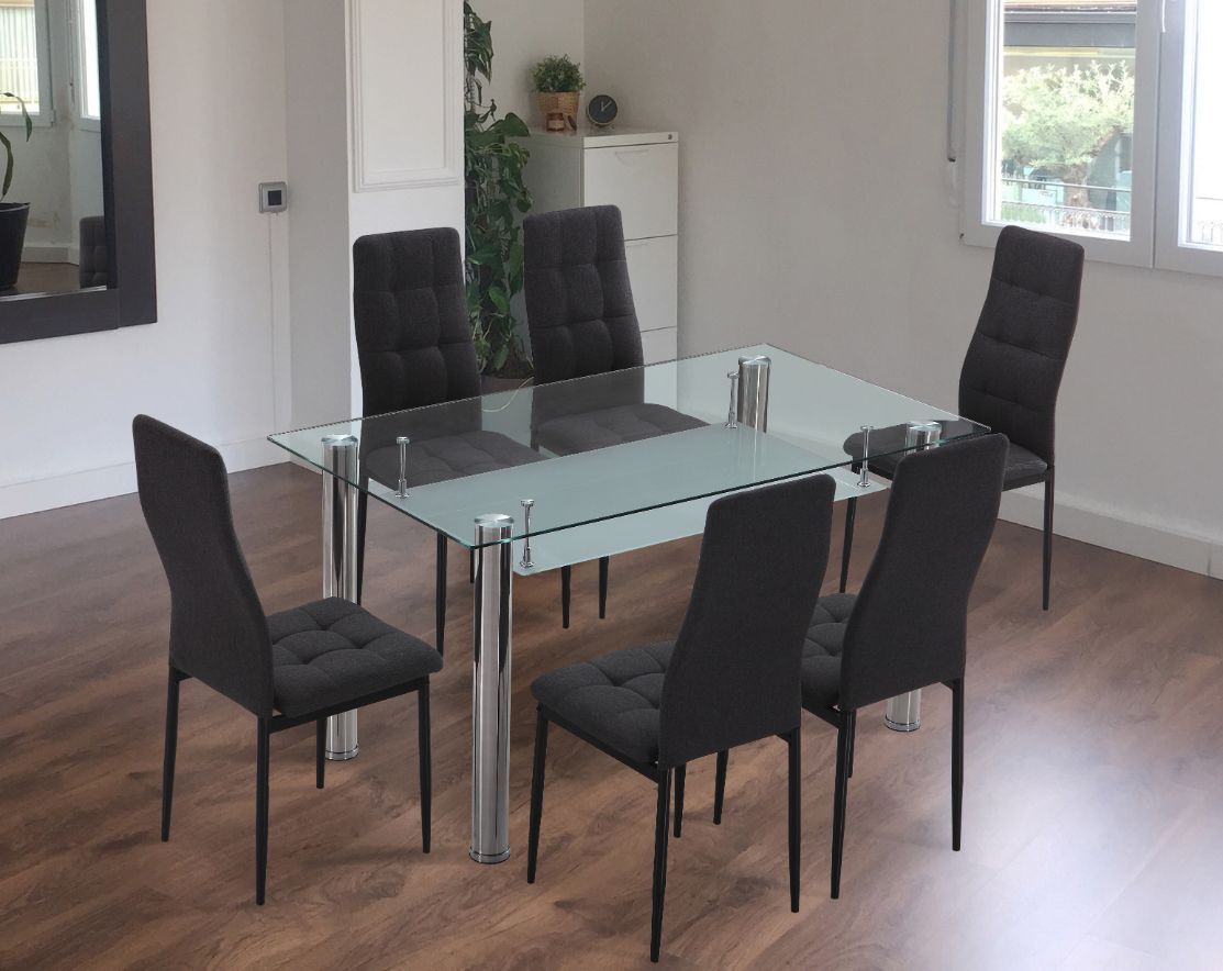 CONJUNTO Mesa de comedor fija con tapa de cristal
