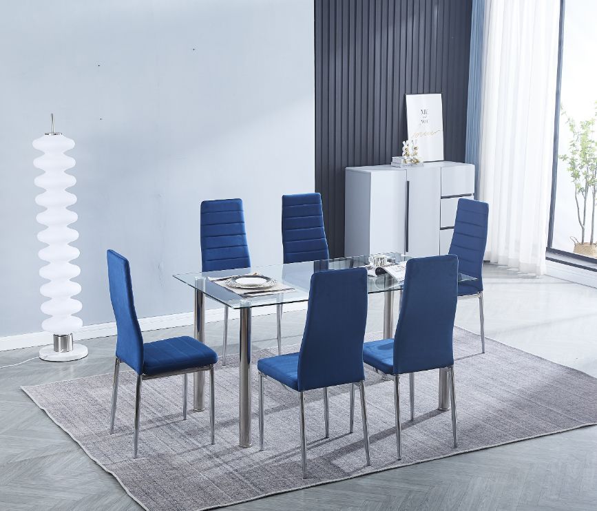 CONJUNTO_Mesa de comedor de cristal con patas metalicas