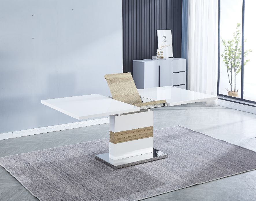 Mesa de comedor extensible blanco brillo abierta Mesa de comedor extensible blanco brillo abierta