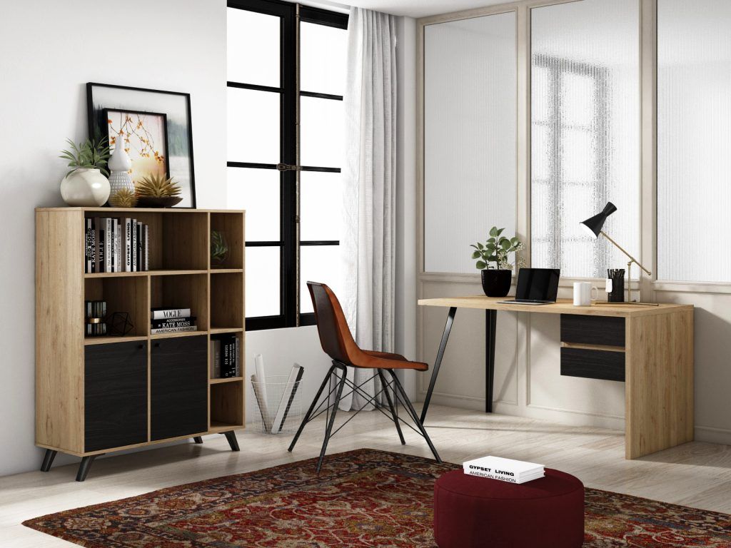 ZONA DE TRABAJO Mobiliario de oficina, zona de trabajo compuesta por mesa de estudio con dos cajones y estantería con huecos y puertas.