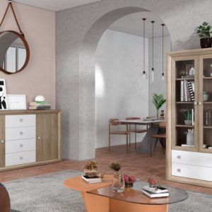 Muebles de salón moderno vitrina y aparador cambria blanco