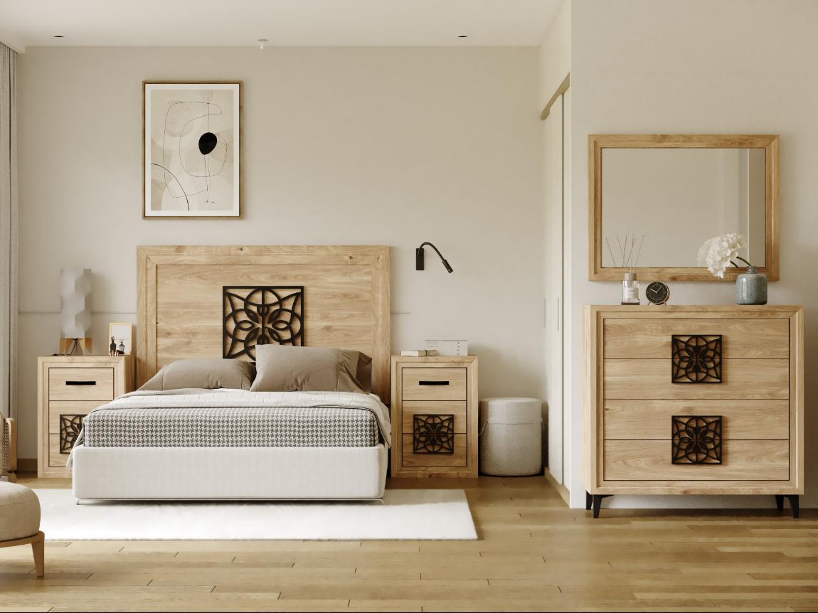 Dormitorio de matrimonio blanco con cabecero con mandala plata roble