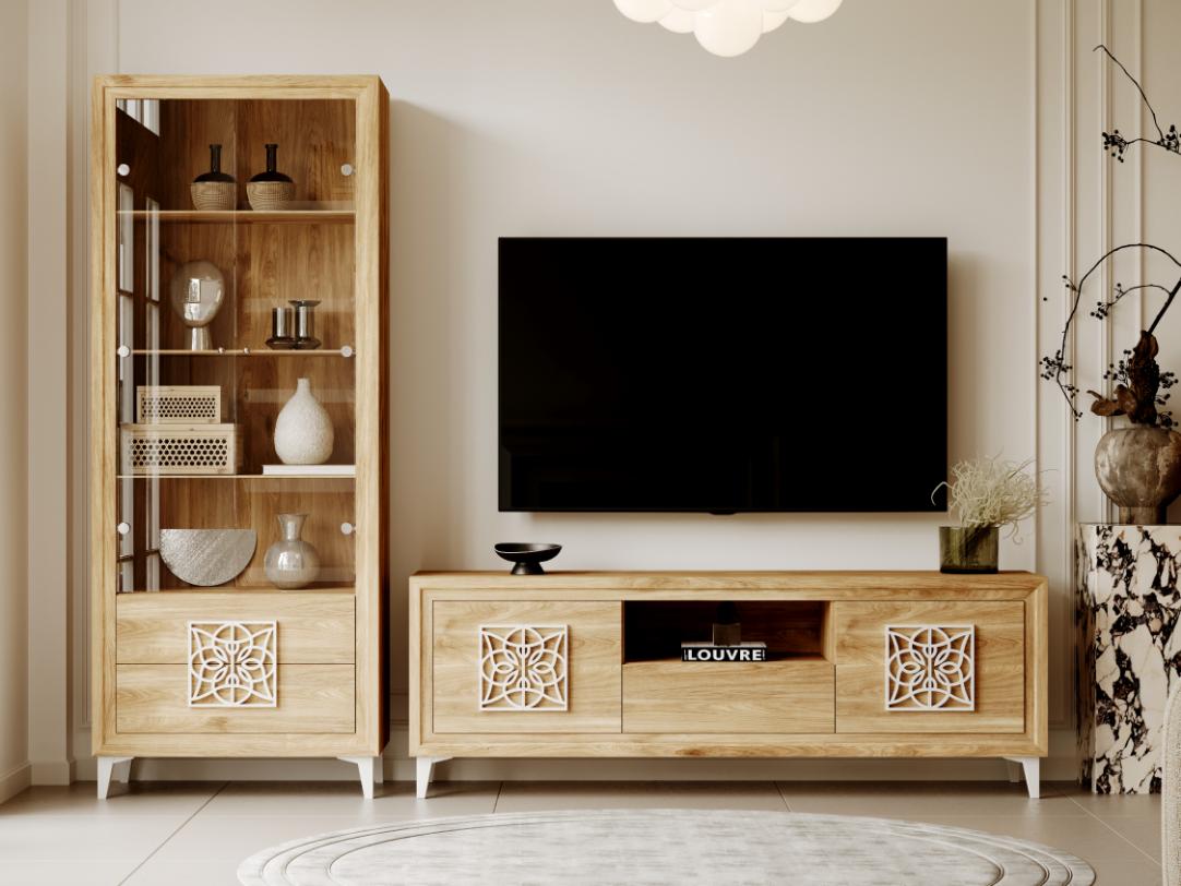 Salón roble y blanco con tirador mandala 260cm